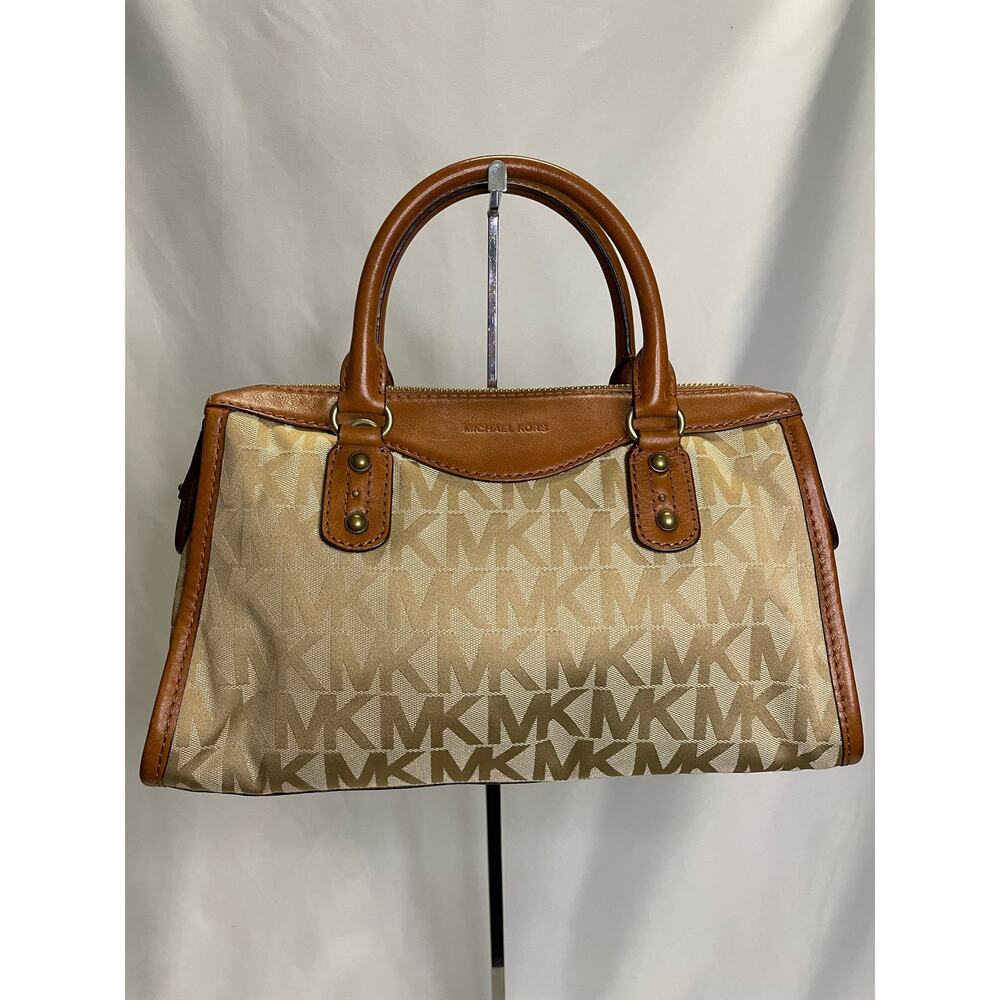 Michael Kors Signature Monogram Satchel Bag in Tan and Brown